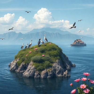 The primary subject of the image is a group of birds perched on a rock in the middle of the ocean. The birds are of various sizes and are spread out across the rock. The setting is the ocean, with the rock being the main focal point. The visual style is a combination of photo and digital art, creating a realistic yet artistic representation of the scene. The colors and mood of the image are predominantly blue and serene, reflecting the tranquility of the ocean and the beauty of the birds.